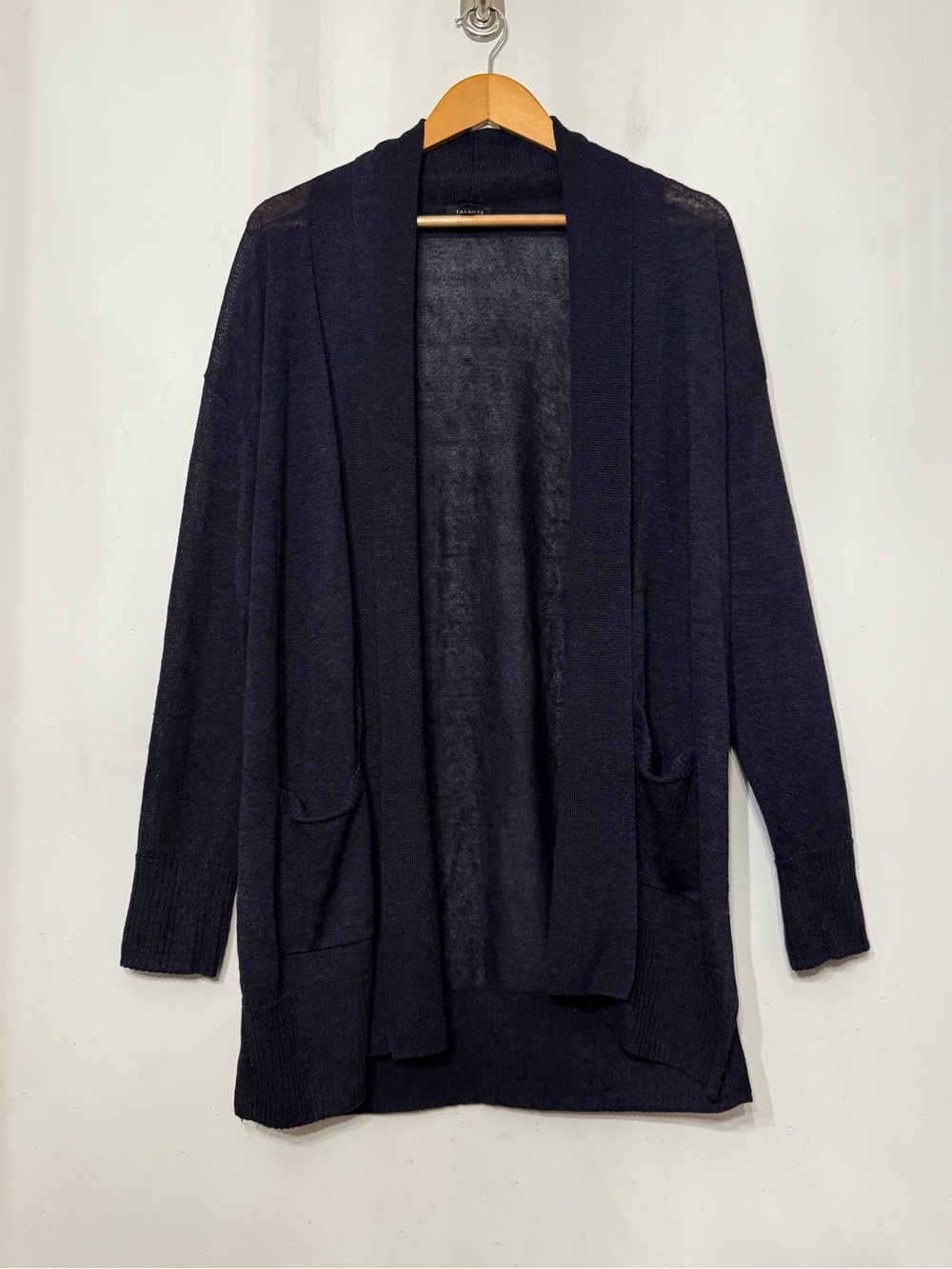 Talbots Open Cardigan Linen Blend Lightweight Navy Blue Minimalist Lagenlook L